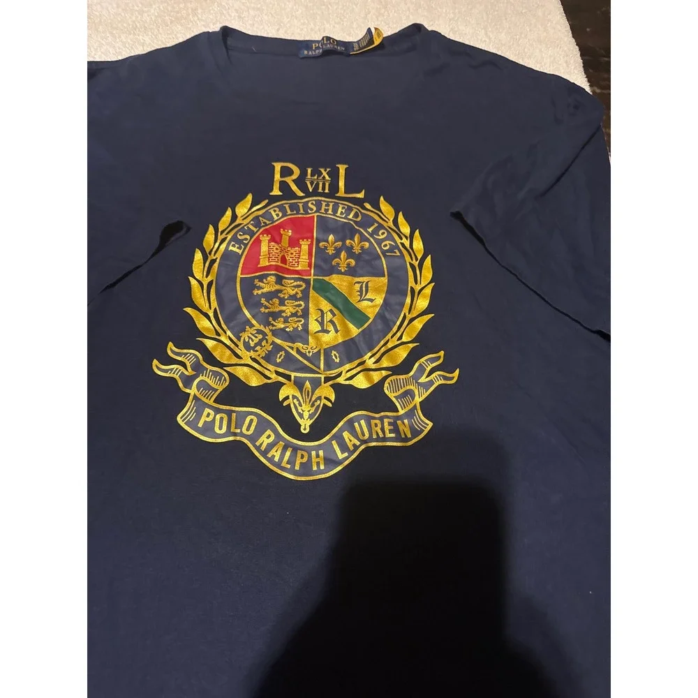 Polo Ralph Lauren Navy Blue XL Gold Crest Graphic T-Shirt Established 1967 Men's